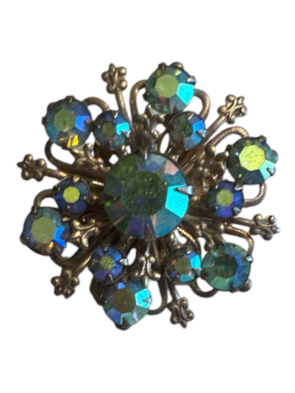 Unsigned Aurora Borealis Rhinestone Gold Floral Brooch
